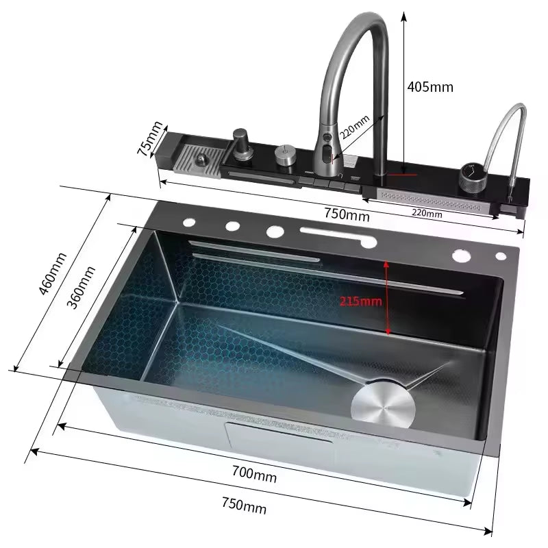 Smart Waterfall Kitchen Sink – LED Digital Stainless Steel with Multi-Function Tap