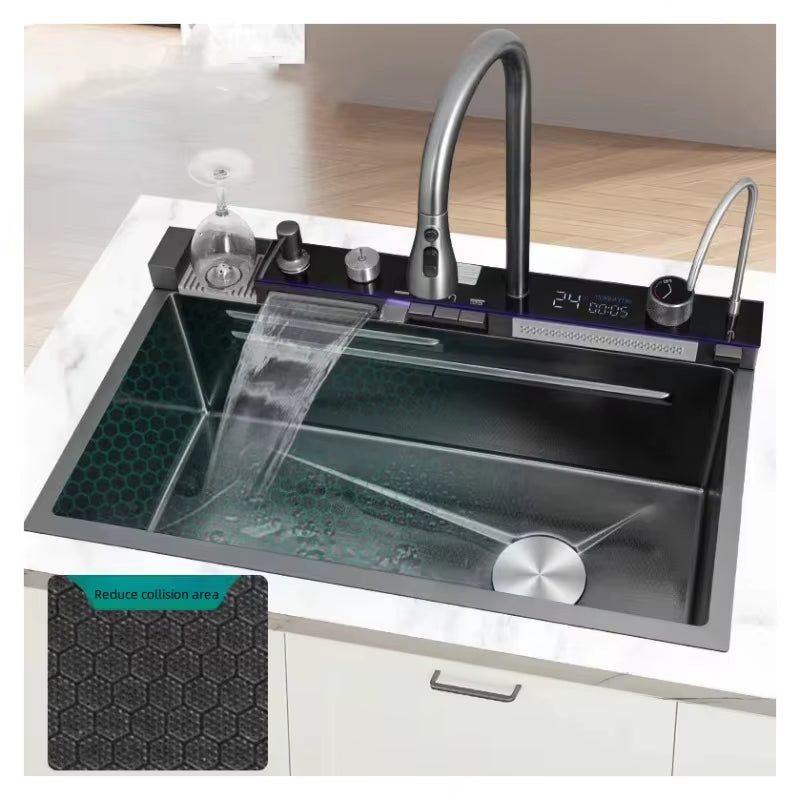 Smart Waterfall Kitchen Sink – LED Digital Stainless Steel with Multi-Function Tap