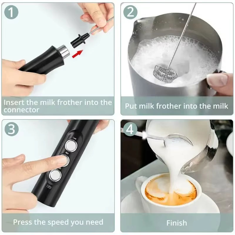 Wireless Milk Frother – USB Rechargeable, 3-Speed Handheld Foam Maker