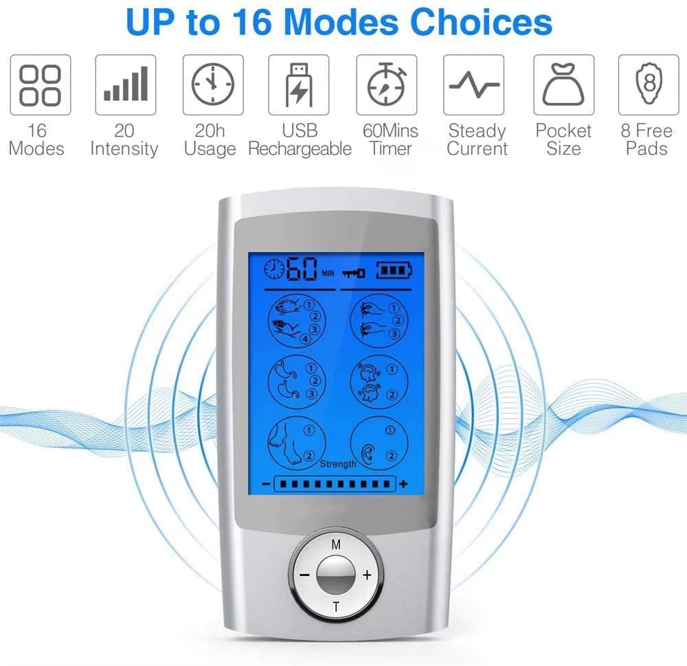 Electric TENS + EMS Therapy Device – 16-Mode Digital Muscle Stimulator