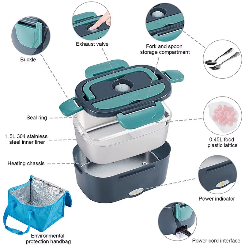 Electric Heated Lunch Box – 1.5L Stainless Steel Portable Food Warmer