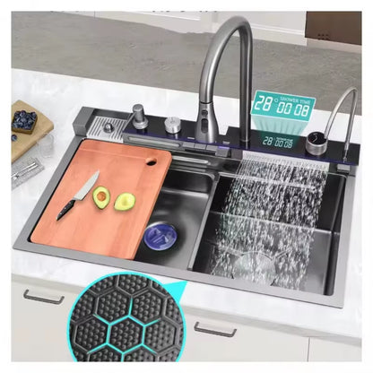 Smart Waterfall Kitchen Sink – LED Digital Stainless Steel with Multi-Function Tap