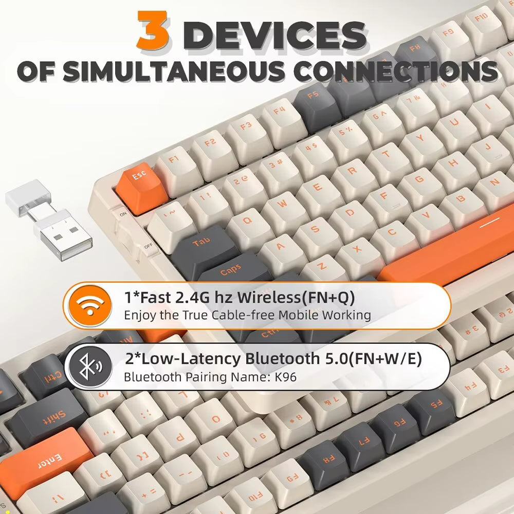 K96 Wireless Mechanical Keyboard – 100-Key Layout, Red Switches, Dual Mode (2.4G + BT5.0), Hot Swappable