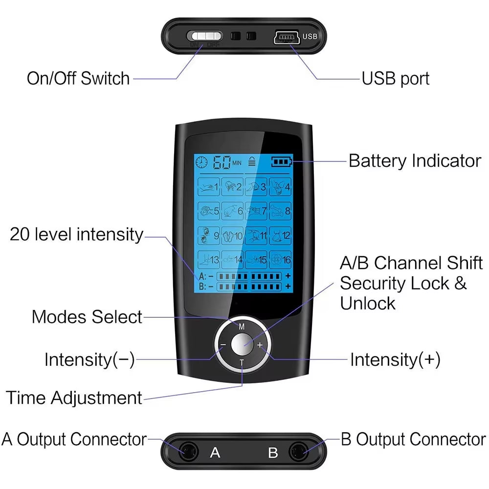 Electric TENS + EMS Therapy Device – 16-Mode Digital Muscle Stimulator
