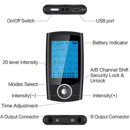 Electric TENS + EMS Therapy Device – 16-Mode Digital Muscle Stimulator