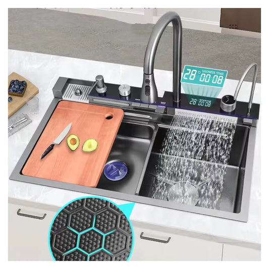 Smart Waterfall Kitchen Sink – LED Digital Stainless Steel with Multi-Function Tap