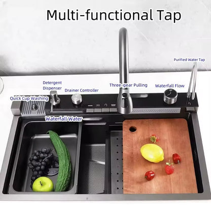 Smart Waterfall Kitchen Sink – LED Digital Stainless Steel with Multi-Function Tap