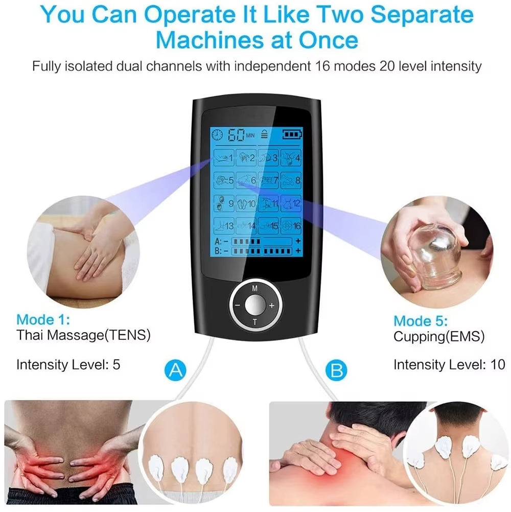Electric TENS + EMS Therapy Device – 16-Mode Digital Muscle Stimulator